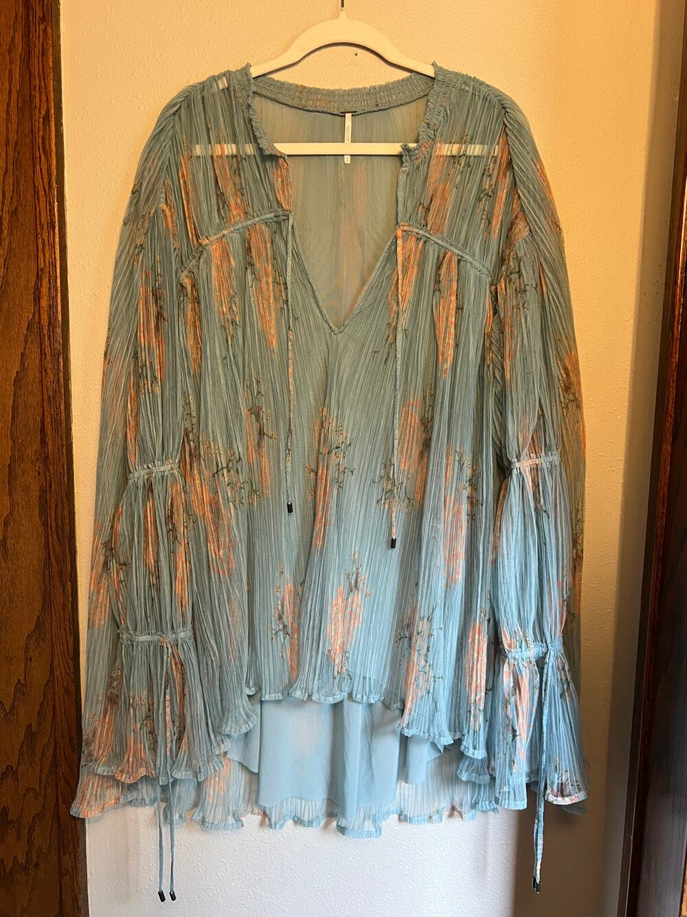 Free People Dahlia Tunic Blue Floral Pleated Bell Sleeve Top NWT M